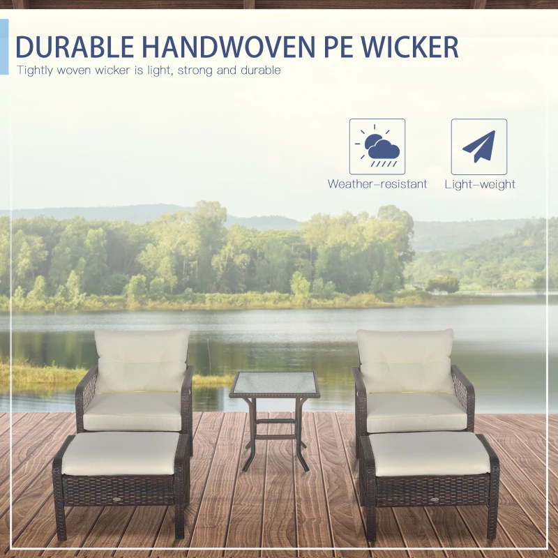 Outsunny 5-Piece PE Wicker Patio Furniture Set, Conversation Set with Outdoor Ottomans, Table & Chairs, Small Balcony Furniture for Apartments, Steel, Cream White