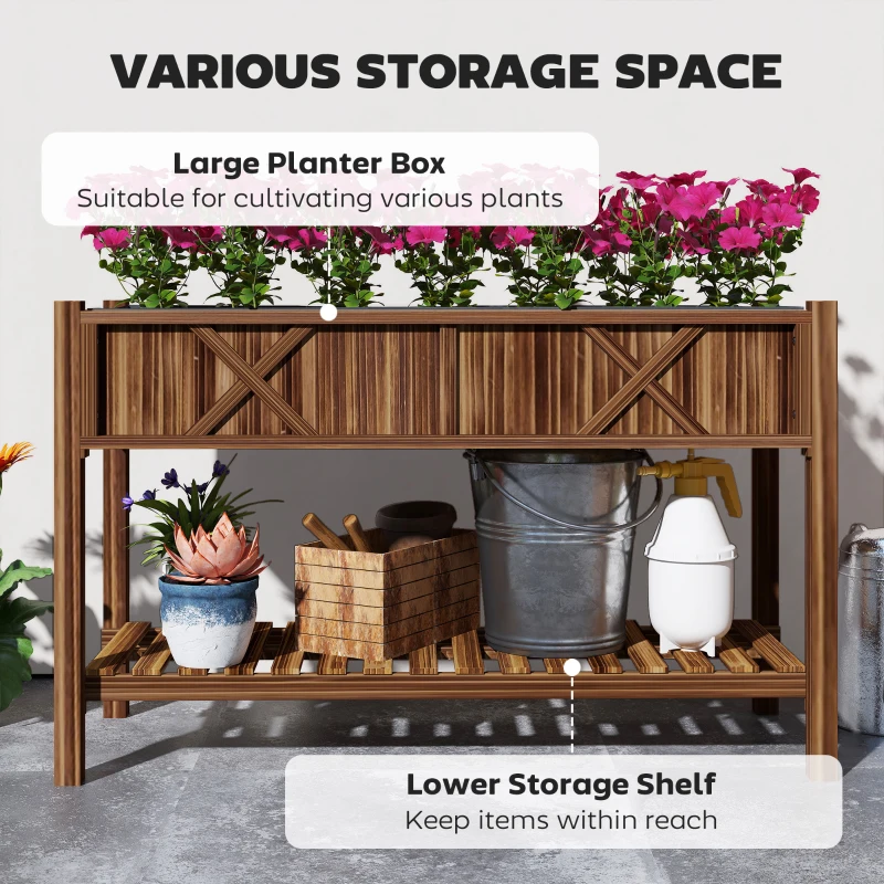 Outsunny Raised Garden Bed, 47 x 22 x 31.5 in Elevated Wood Planter Box with Storage Shelf, Drainage Holes and Liner, Carbonized