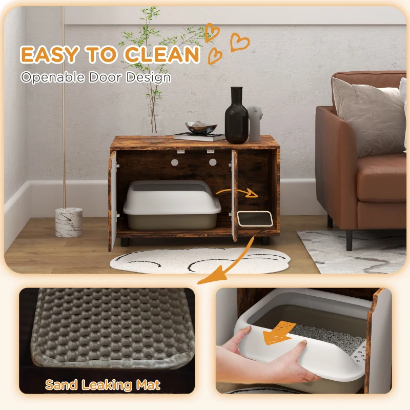 PawHut Hidden Cat Litter Box Enclosure with Double Doors and Sand Drain Pad, Rustic Brown