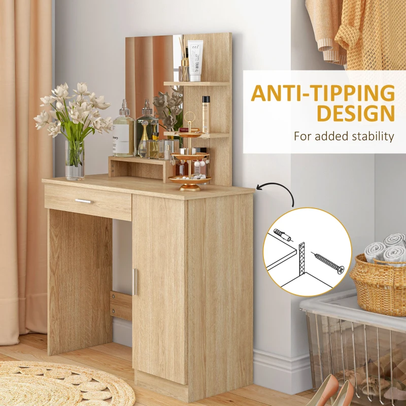 HOMCOM Vanity Desk with Mirror, Makeup Vanity w/ Drawer, Open Compartment and Shelves, Cabinet, Adjustable Shelves for Bedroom