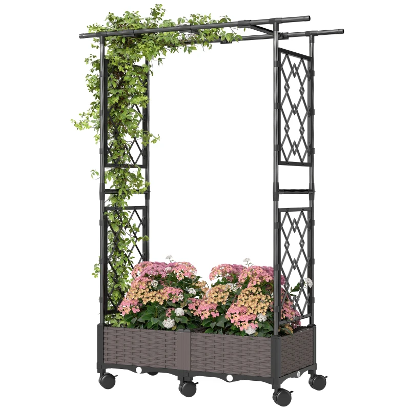 Outsunny Raised Garden Bed with Arch Trellis, Raised Bed for Garden on Wheels with Side Trellis for Climbing Plants, Flowers