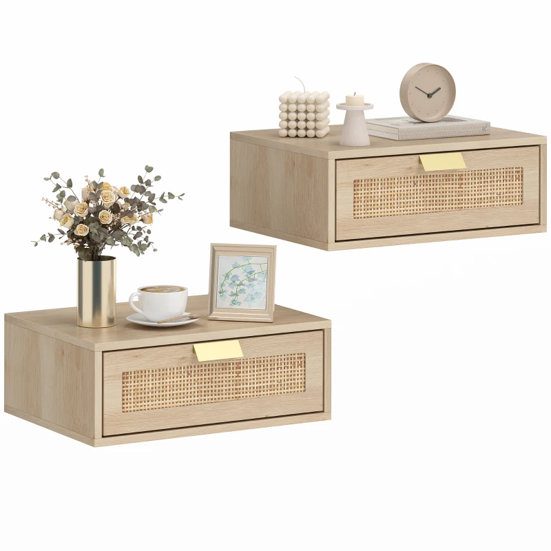 HOMCOM Floating Bedside Tables Set of 2, Wall Mounted Nightstands with Rattan Drawer and Wood Effect, Oak