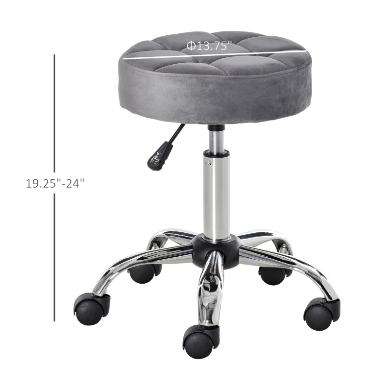 HOMCOM Round Rolling Stool, Height Adjustable Vanity Chair, Upholstery Office Chair with Swivel Seat and Wheels, Grey