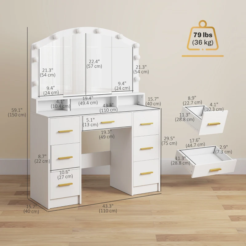 HOMCOM Makeup Vanity with Mirror and 10 LED Lights, 3 Colour Adjustable, Dressing Table with 7 Drawers, 3 Compartments, White