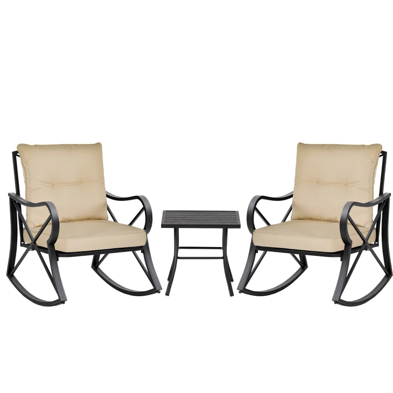 Outsunny 3-Piece Patio Bistro Set Outdoor Rocking Coffee Table Chair Set with Curved Base, Soft Cushions, Steel Frame, Beige