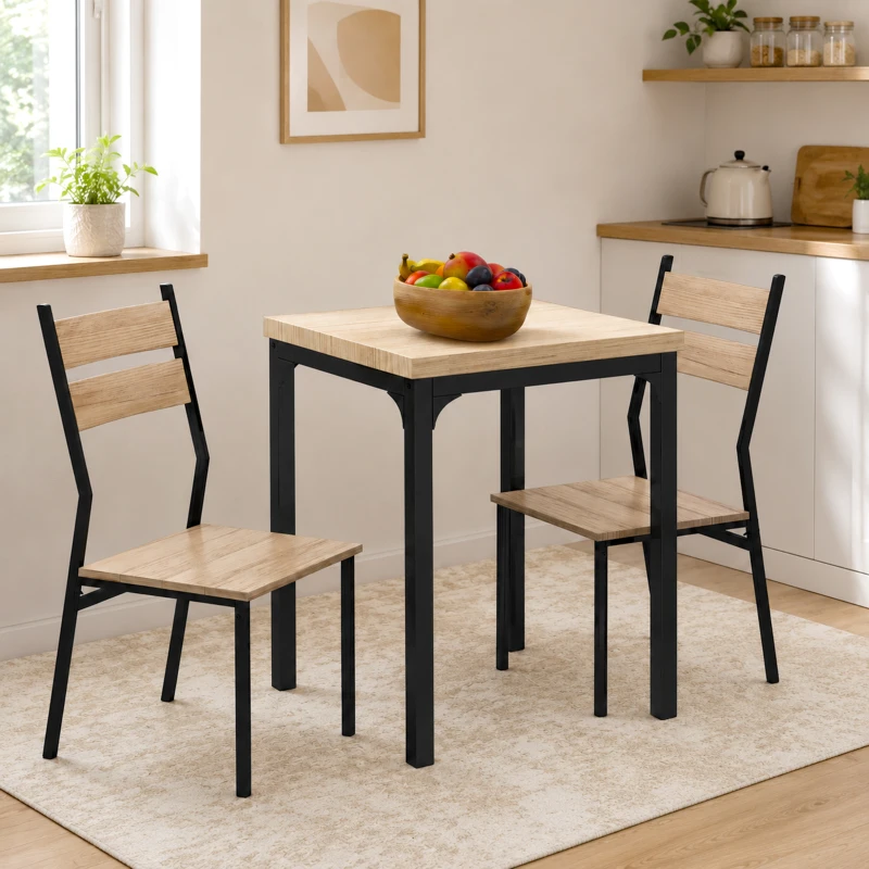 HOMCOM 3 Piece Dining Table Set for 2, Modern Kitchen Table and Chairs, Dining Room Set for Breakfast Nook, Light Wood Grain