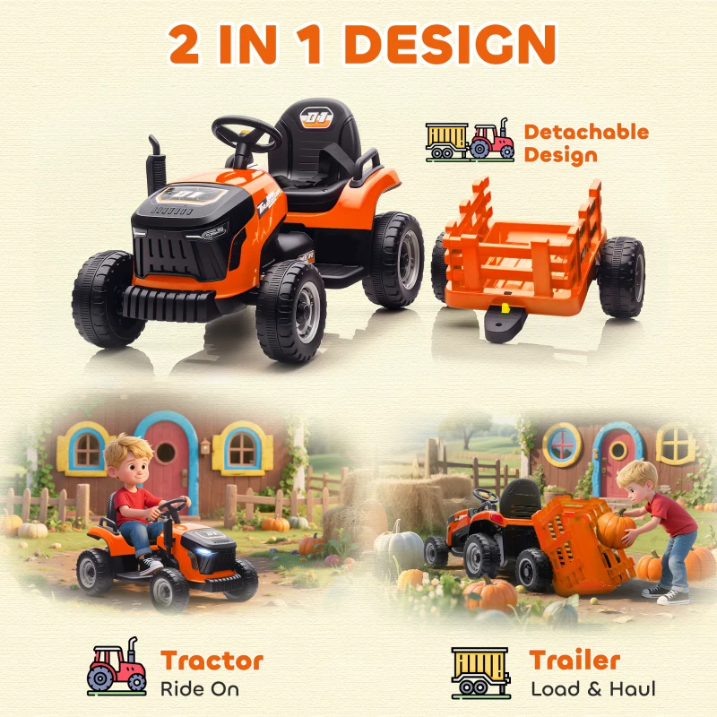 Qaba 12V Kids Ride On Tractor with Trailor, Remote Control, Music, Lights, Shifter, for Kids Ages 3-8 Years, Orange