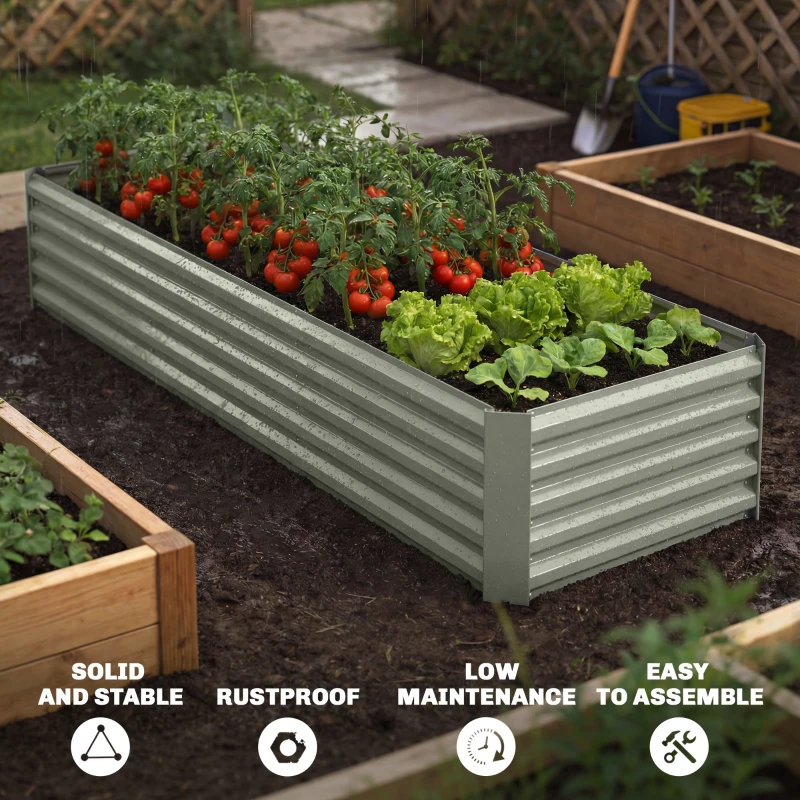 Outsunny 8' x 2.6' x 1.5' Galvanized Raised Bed, Large Elevated Planter Box for Growing Flowers, Herbs and Vegetables, Light Grey