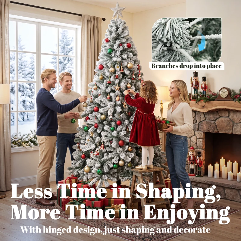 HOMCOM 7ft Snow Flocked Christmas Tree with 1000 Branch Tips, Hinged Design, Artificial Fir Xmas Tree, Green and White