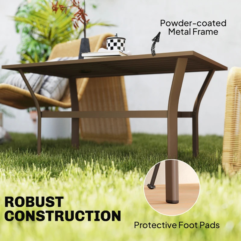 Outsunny Outdoor Coffee Table with Slatted Tabletop, All-Weather Rectangle Metal Patio Coffee Table for Garden, Brown