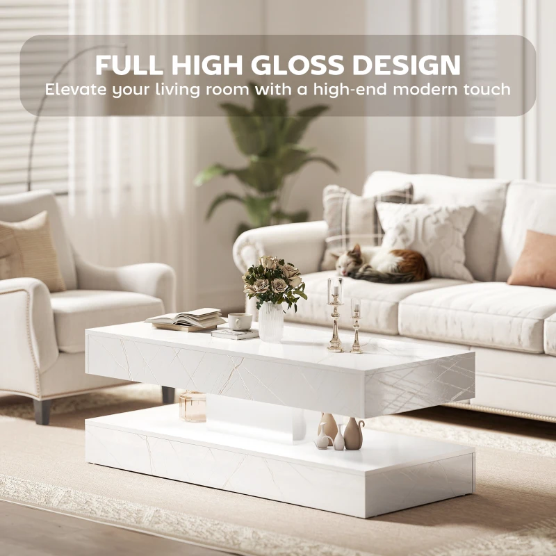 HOMCOM Coffee Table with Adjustable LED Lights, Center Table with 2 Drawers, Open Shelf, Remote, High Gloss Marble-Effect White