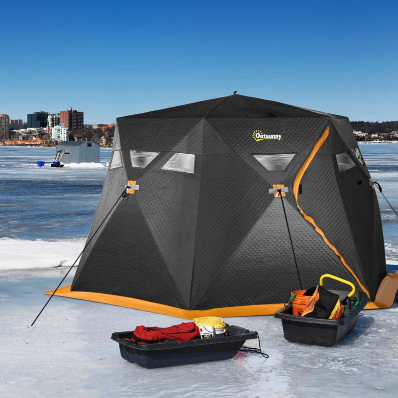 Outsunny 4 Person Insulated Pop-Up Ice Fishing Shelter, 360-Degree View, Portable Ice Fishing Tent Shanty with Carry Bag, Two Doors and Anchors for Low-Temp -22℉, Black and Orange