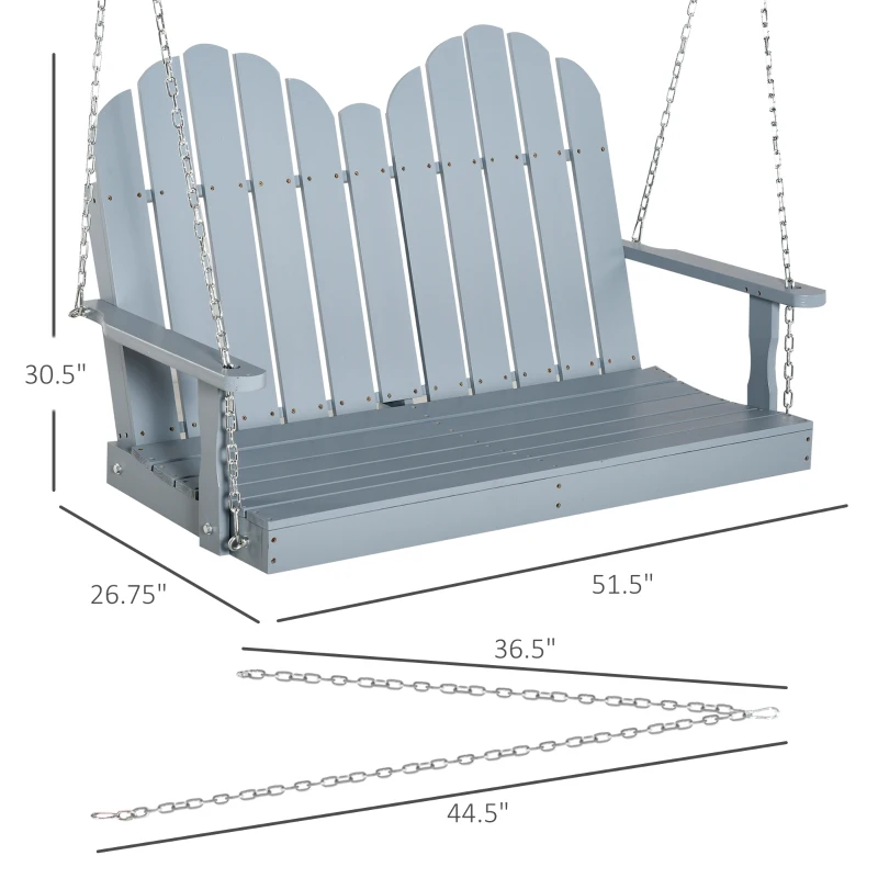 Outsunny 47'' 2-Seater Hanging Porch Swing, Outdoor Patio Swing Bench with Wooden Build, Water-Fighting Protection, & Classic Style, 440 lb Weight Capacity, Grey