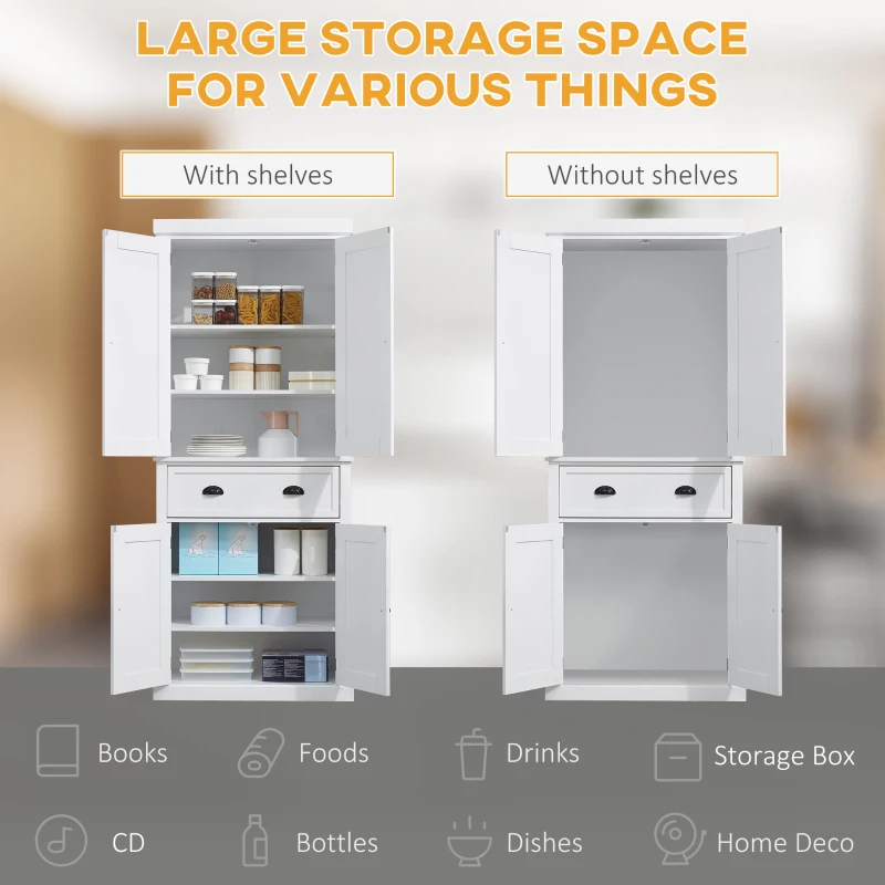 HOMCOM 72.5" Kitchen Pantry Cabinet, Traditional Freestanding Storage Cabinet with 4 Doors, Drawer and 3 Adjustable Shelves for Dining Room, White