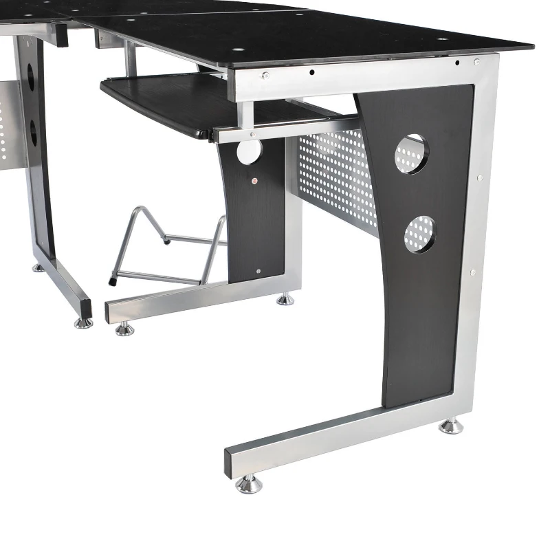HOMCOM L-Shaped Corner Computer Desk Gaming Table Home Office Workstation Glass Top P2 MDF with Keyboard Tray - Black