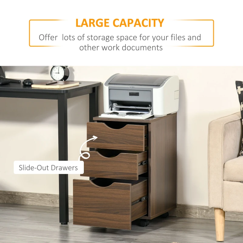 HOMCOM 3 Drawer Mobile File Cabinet with Wheels, Wood Filing Cabinet for Home Office, Rolling Under Desk Cabinet, Brown Wood Grain