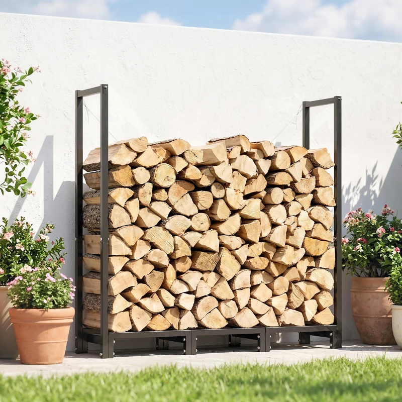 Outsunny 4 ft Firewood Rack with Customisable Width & Height, Cable Reinforcement, 616 lb Capacity Log Store Indoors, Black