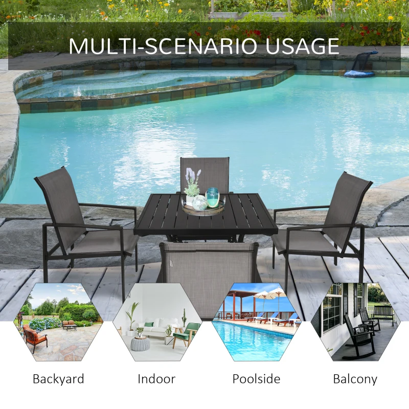 Outsunny 5-Piece Outdoor Patio Square Table Dining Set with 4 Stackable Chairs, Durable Steel Design, & Middle Umbrella Hole of 1.65'' or 1.5''