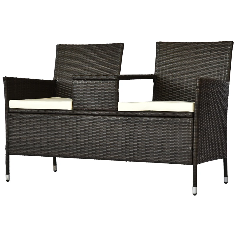 Outsunny Outdoor Patio Loveseat Conversation Furniture Set, Cushions & Built-in Coffee Table, Small 2-in-1 2 Person Seating for Front Porch, Balcony, Brown
