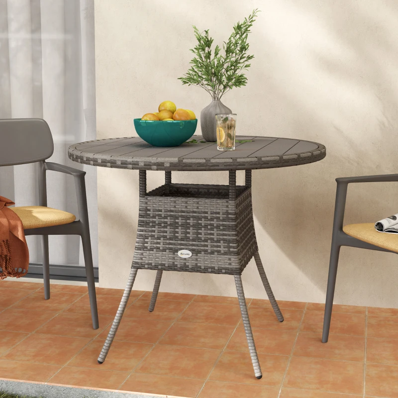 Outsunny 35.4" Outdoor Wicker Dining Table, PE Rattan Patio Furniture with Wood-plastic Composite Top, Grey