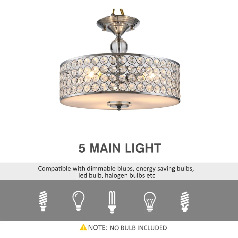HOMCOM Chandelier Pendant Light Lamp with Crystal Ball Pole, Hanging Ceiling Lamp, Drum Shaped Shade, Metal Base, Silver