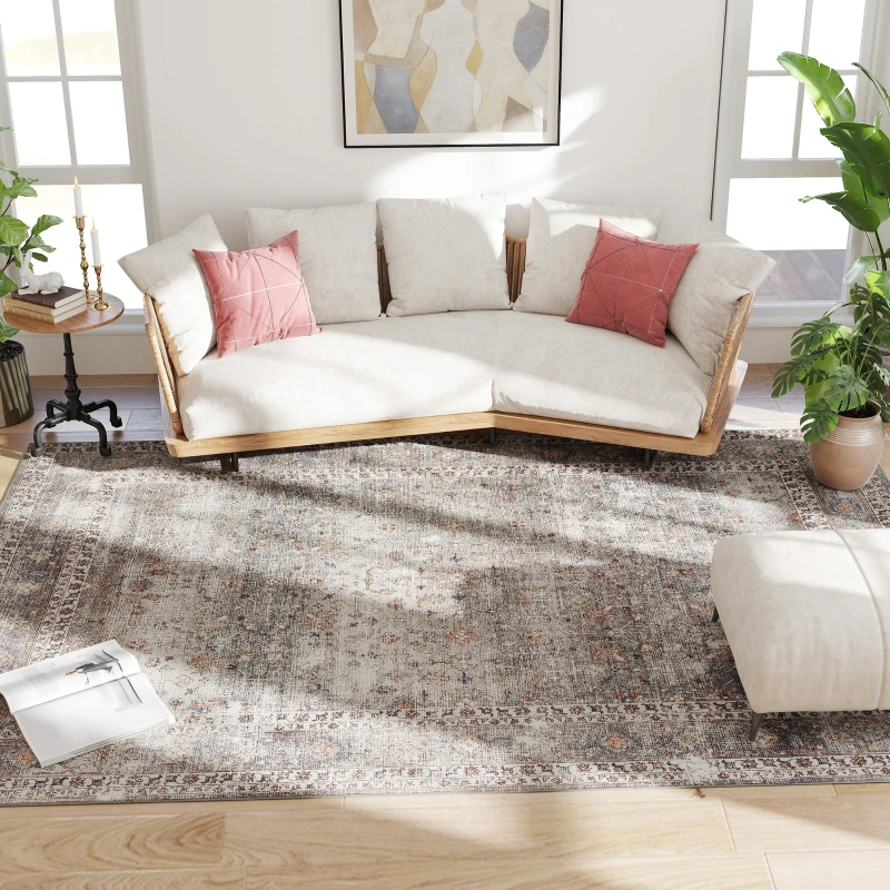 HOMCOM Machine Washable Area Rug 8x10, Non-Slip Traditional Floor Cover Foldable Carpet for Living Room, Dark Mixed-Brown