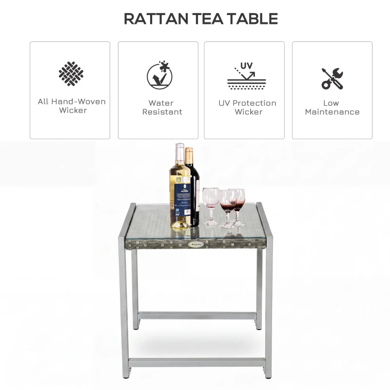 Outsunny Rattan Coffee Table, Wicker Patio Side Table with Tempered Glass Top and Aluminum Frame for Outdoor, Garden, Gray