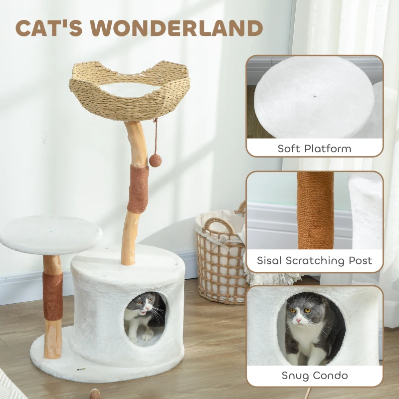 PawHut 40" Real Wood Cat Tree, Cat Tower for Indoor Large Adult Cats with Scratching Posts, Condo, Perch, Washable Cushion,