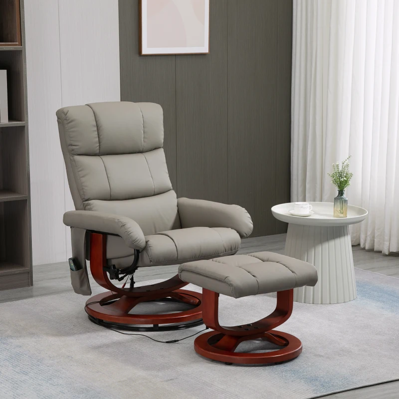 HOMCOM Massage Recliner Chair with Ottoman, Swivel Recliner and Footrest, Faux Leather Reclining Chair w/ Remote Control, Gray