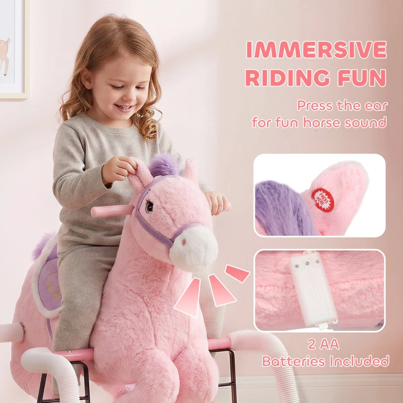 Qaba Kids Spring Rocking Horse, Ride on Horse with Neighing Sounds, Plush Animal Ride on Toy for Ages 3+ Years, Pink