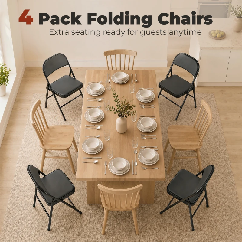 HOMCOM Set of 4 Metal Foldable Chairs, PU Leather Padded Folding Chairs with Cushion Seat and Open Back for Indoor, Black