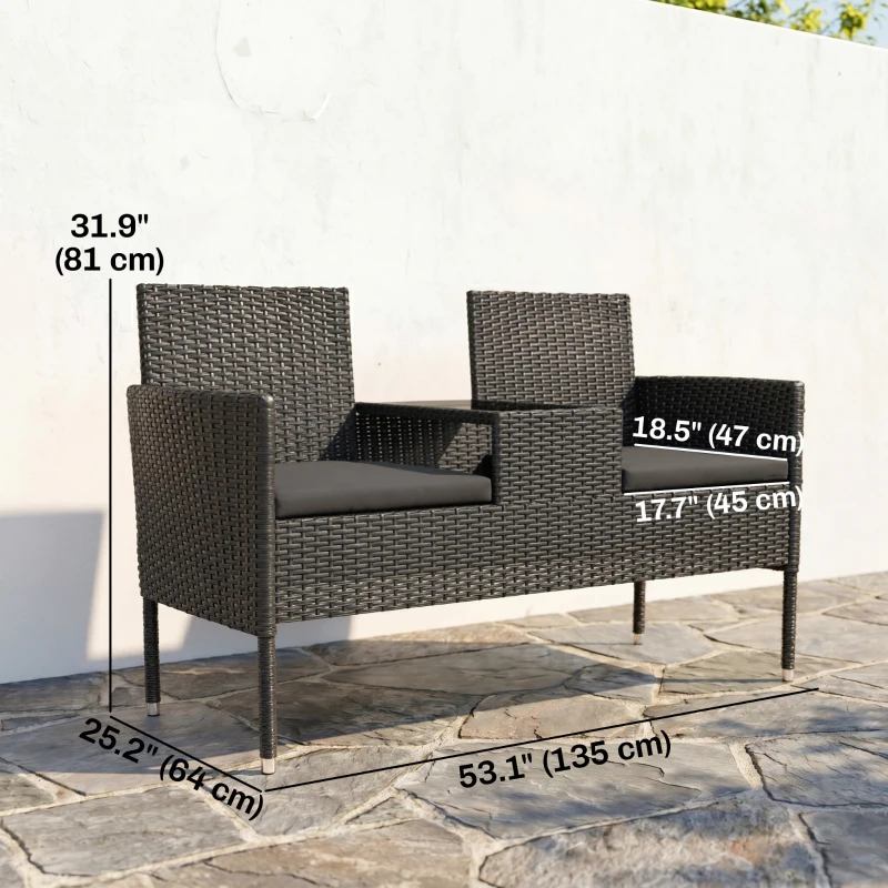 Outsunny Patio Furniture w/ Mid-Table PE Rattan Loveseat w/ Cushion, Black