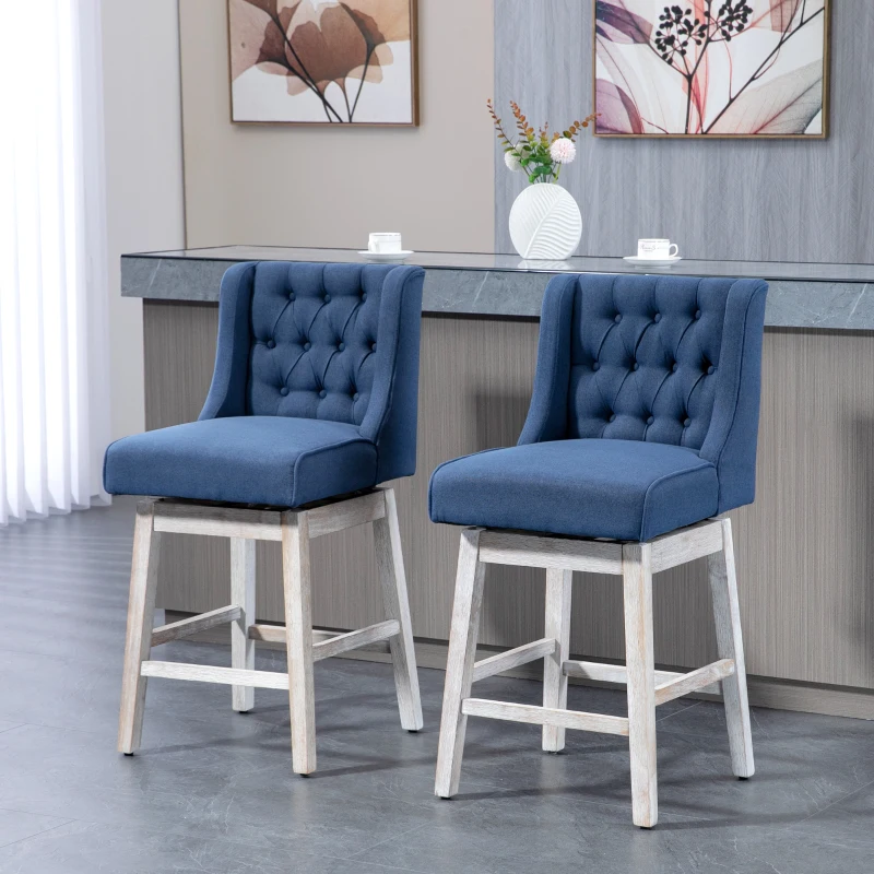 HOMCOM Swivel Bar Stools Set of 2, 27" Counter Height Stools with Linen Upholstery and Button Tufted Design for Kitchen
