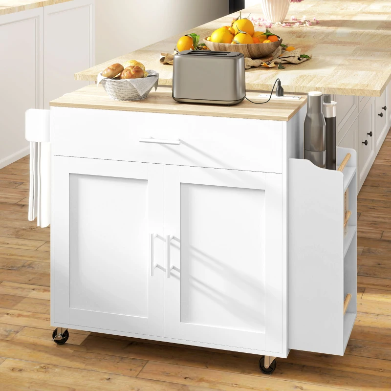 HOMCOM Kitchen Island with Storage, Rolling Kitchen Cart with Foldable Drop Leaf, Power Outlet and USB Ports, White
