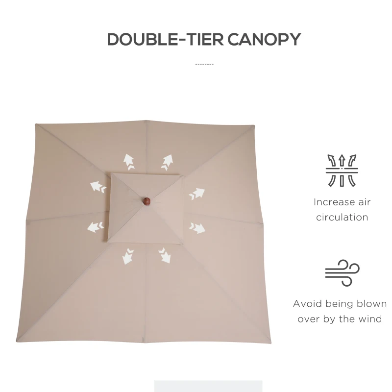 Outsunny 10x10ft Wood Square Patio Umbrella Garden Market Parasol Sunshade Canopy with 2 Pulley Pagoda Style, Khaki
