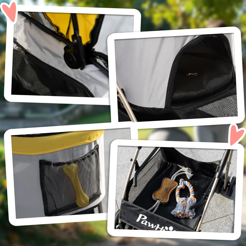 PawHut 4 Wheels Pet Stroller, 3 in 1 Dog Cat Travel Folding Carrier, for Small Dogs, Detachable, w/ Brake, Canopy, Basket, Storage Bag - Yellow