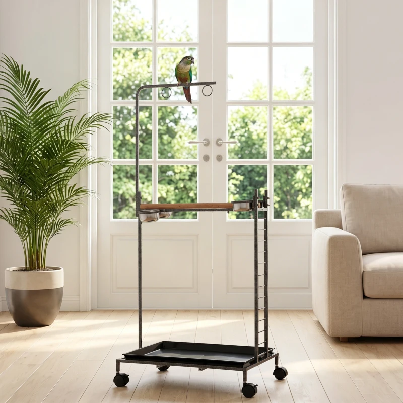 PawHut Bird Stand with Wheels Parrot Stand with Slide-out Tray Stainless Steel Bowls for Indoor Outdoor Dark Gray