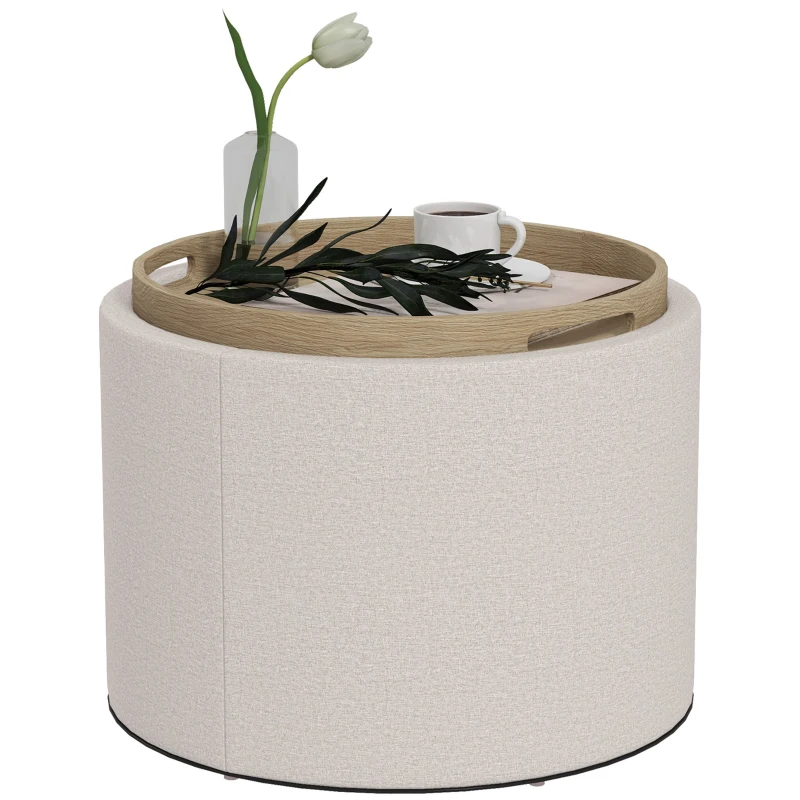 HOMCOM Round Coffee Table, End Table with Hidden Storage and Tray Top, Linen Upholstered Footrest for Living Room