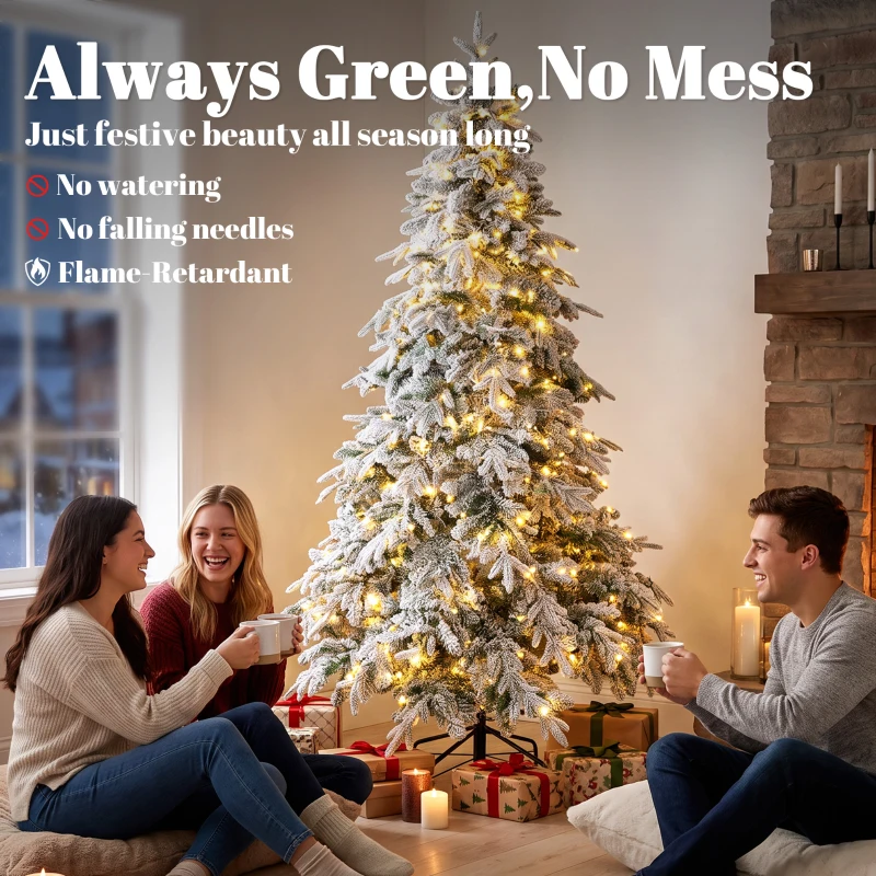 HOMCOM 7ft Prelit Flocked Christmas Tree, Downswept Hinged Xmas Tree with LED Lights, 8 Modes, Daily Timer, Remote
