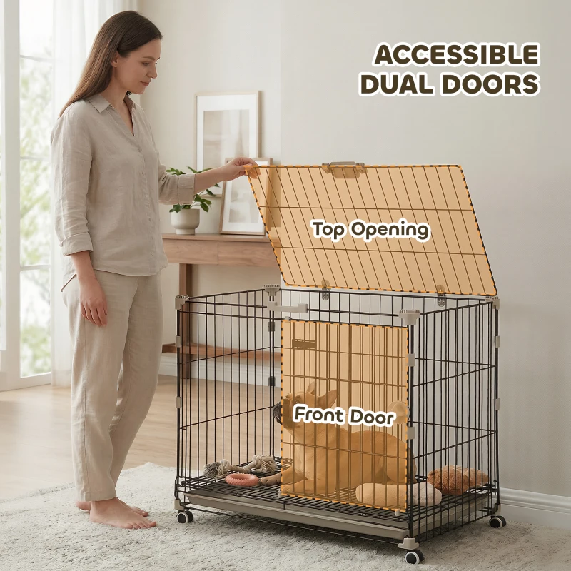 PawHut Dog Crate, 30 Inch Metal Dog Cage with Removable Tray, Lockable Wheels, 2 Doors for Small Medium Breeds, Black
