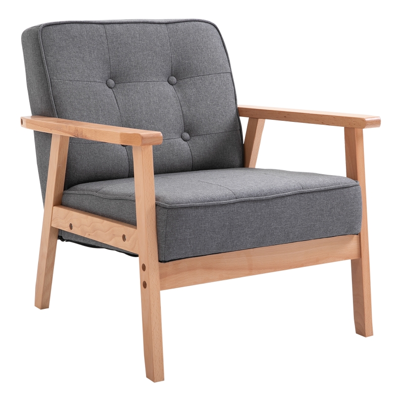 HOMCOM Mid-Century Modern Accent Chair, Linen Fabric Lounge Seat with Tufted Back, Padded Cushion, Grey