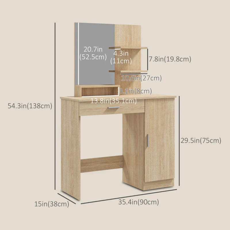 HOMCOM Vanity Desk with Mirror, Makeup Vanity w/ Drawer, Open Compartment and Shelves, Cabinet, Adjustable Shelves for Bedroom