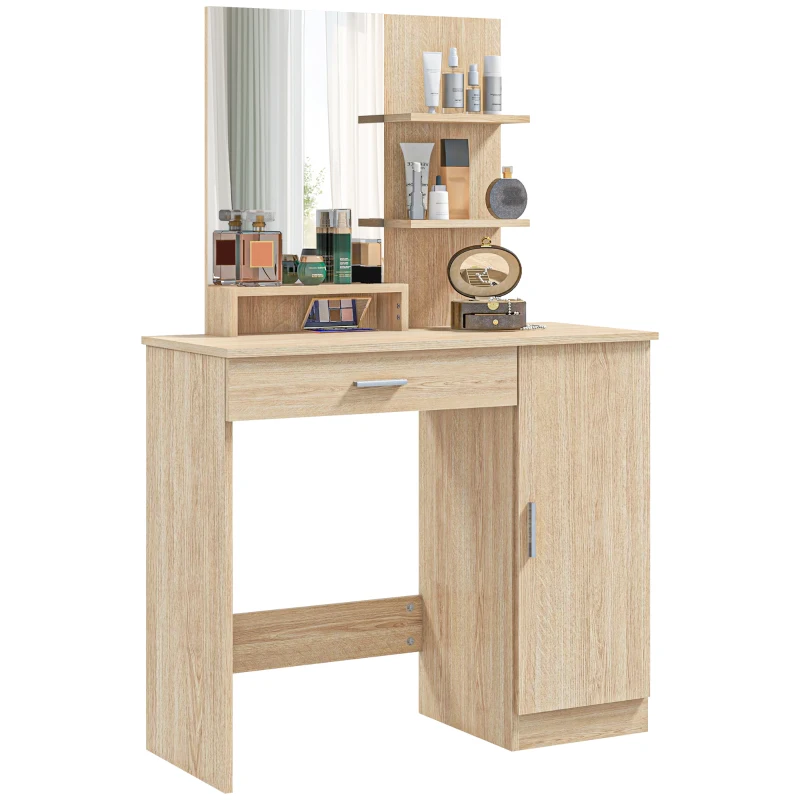 HOMCOM Vanity Desk with Mirror, Makeup Vanity w/ Drawer, Open Compartment and Shelves, Cabinet, Adjustable Shelves for Bedroom