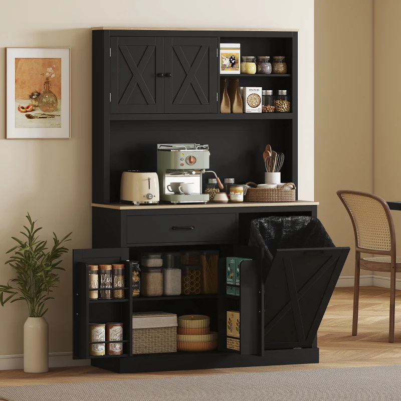 HOMCOM 69" Pantry Cabinet with Charging Station, Kitchen Cabinet with Microwave Stand, Tilt-Out Trash Can Cabinet, Black