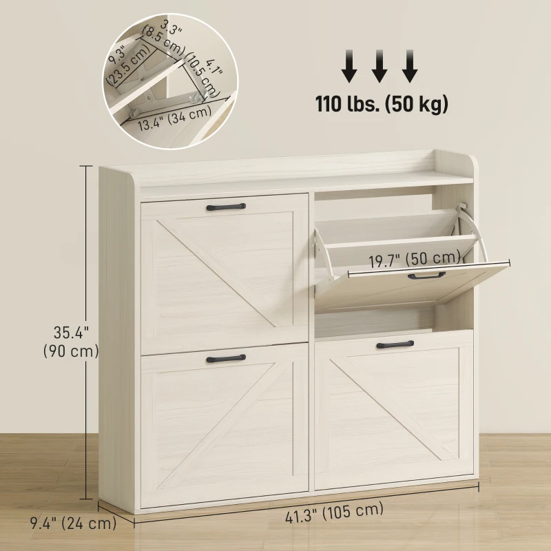 HOMCOM Narrow Shoe Storage Cabinet with 4 Flip Drawers, Adjustable Shelves, 16 Pair Farmhouse Shoe Cabinet, White Oak