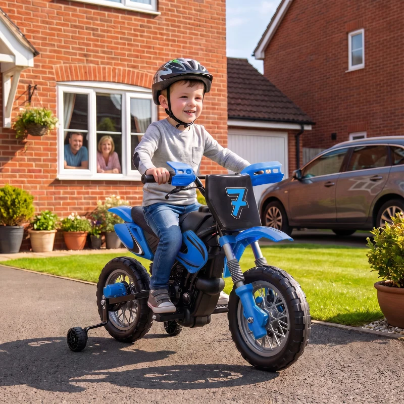 Qaba 12V Kids Electric Motorcycle, Ride on Motorcycle with Training Wheels, Rear Suspension, Horn for 3-6 Years, Blue