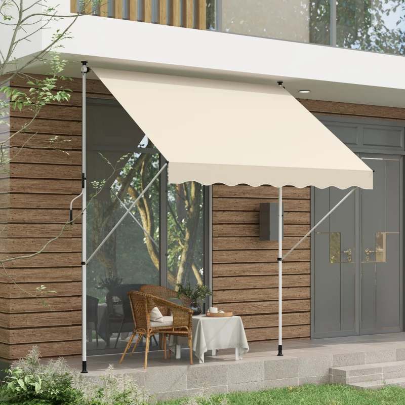 Outsunny 10x5ft Manual Retractable Awning, Patio Sun Shade Canopy Shelter with 5.6-9.2ft Support Pole, Water Resistant UV Protector, for Window, Door, Porch, Deck, Beige