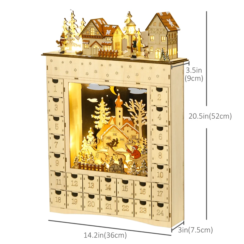 HOMCOM Christmas Advent Calendar, Wooden Countdown to Christmas Table Decoration with 24 Drawers, Lights, Battery Operated