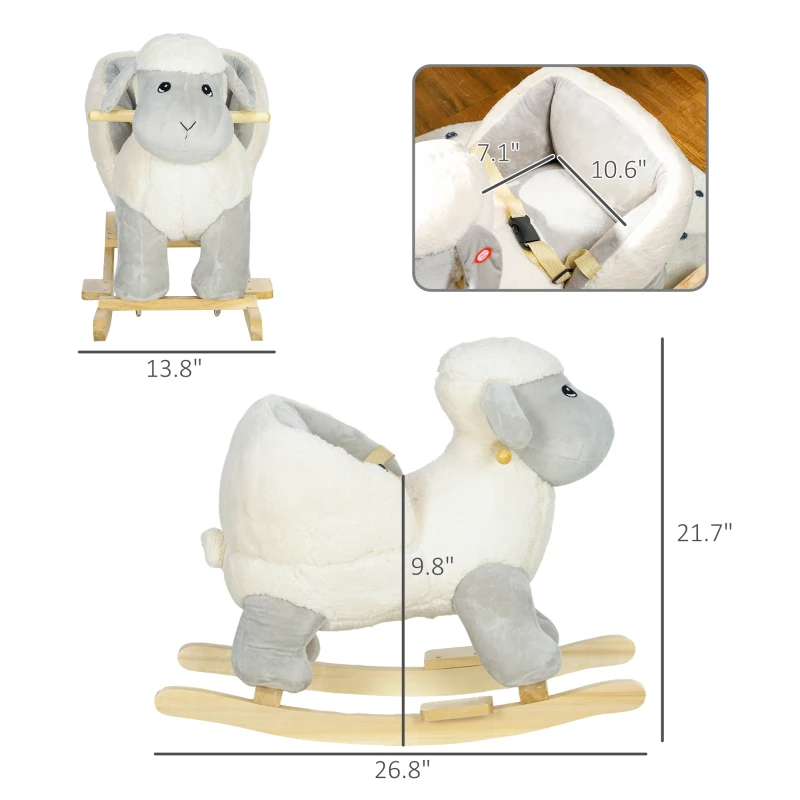 Qaba Baby Rocking Horse Lamb with Seat Belt, Sounds & Pedals for Kids 18-36 Months, Gray