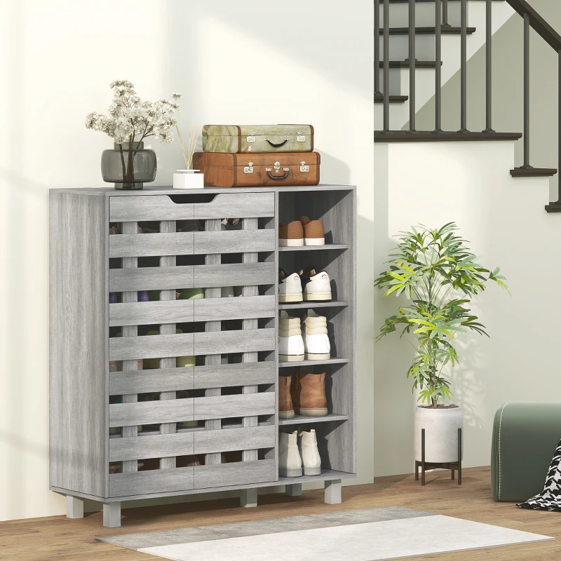 HOMCOM Shoe Cabinet, 21 Pair Shoe Storage Cabinet Organizer with 5-tier Double Door Cabinet and 5-tier Open Shelves, Light Grey
